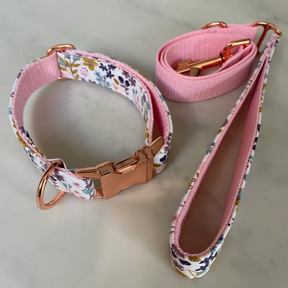 Blue Pink Floral Dog Collar, Bow & Lead Set Hunter & Co.