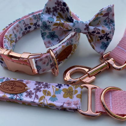 Blue Pink Floral Dog Collar, Bow & Lead Set Hunter & Co.