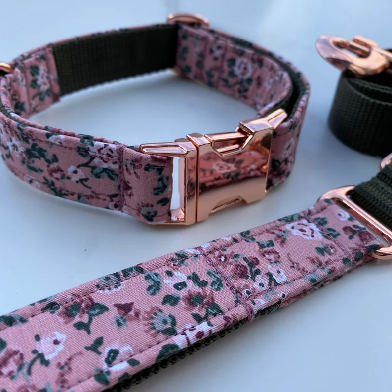 Dusky Pink Ditsy Floral Dog Collar, Bow & Lead Set Hunter & Co.