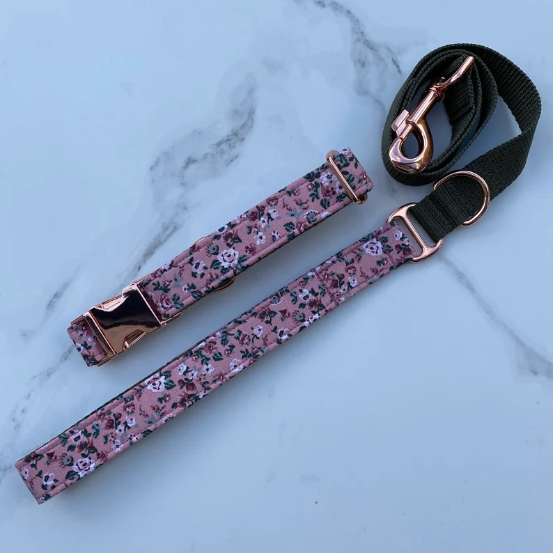 Dusky Pink Ditsy Floral Dog Collar, Bow & Lead Set Hunter & Co.