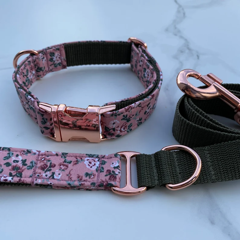 Dusky Pink Ditsy Floral Dog Collar, Bow & Lead Set Hunter & Co.