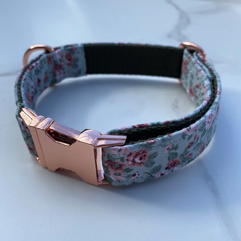 Mint Green Pink Ditsy Floral Dog Collar, Bow & Lead Set Hunter & Co.
