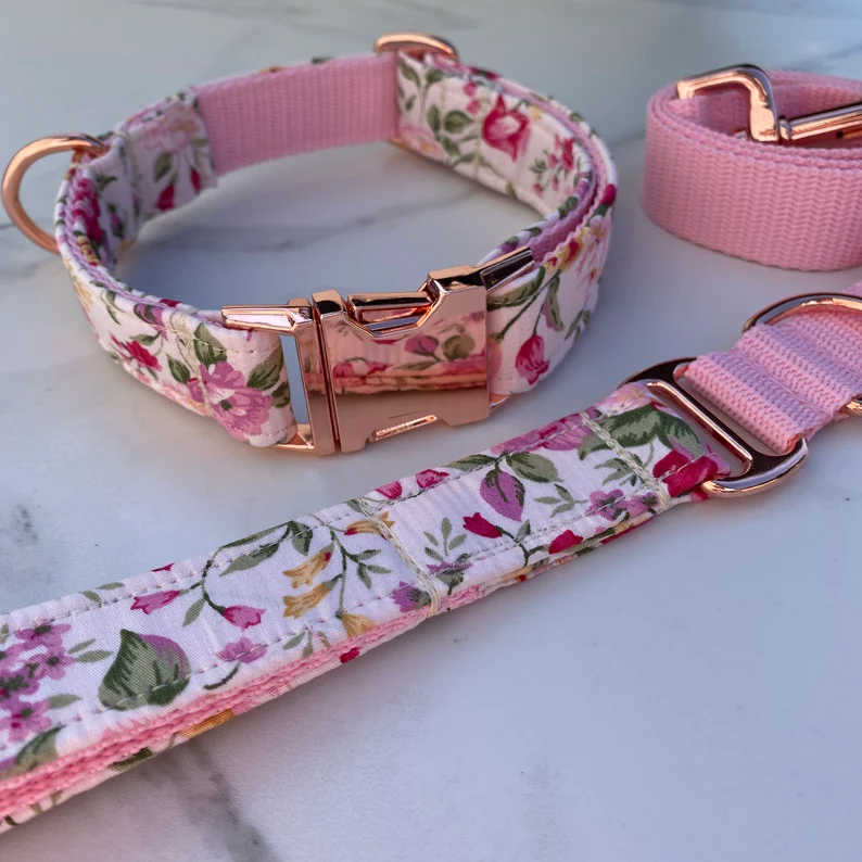 Ivory Pink Ditsy Floral Dog Collar, Bow & Lead Set Hunter & Co.