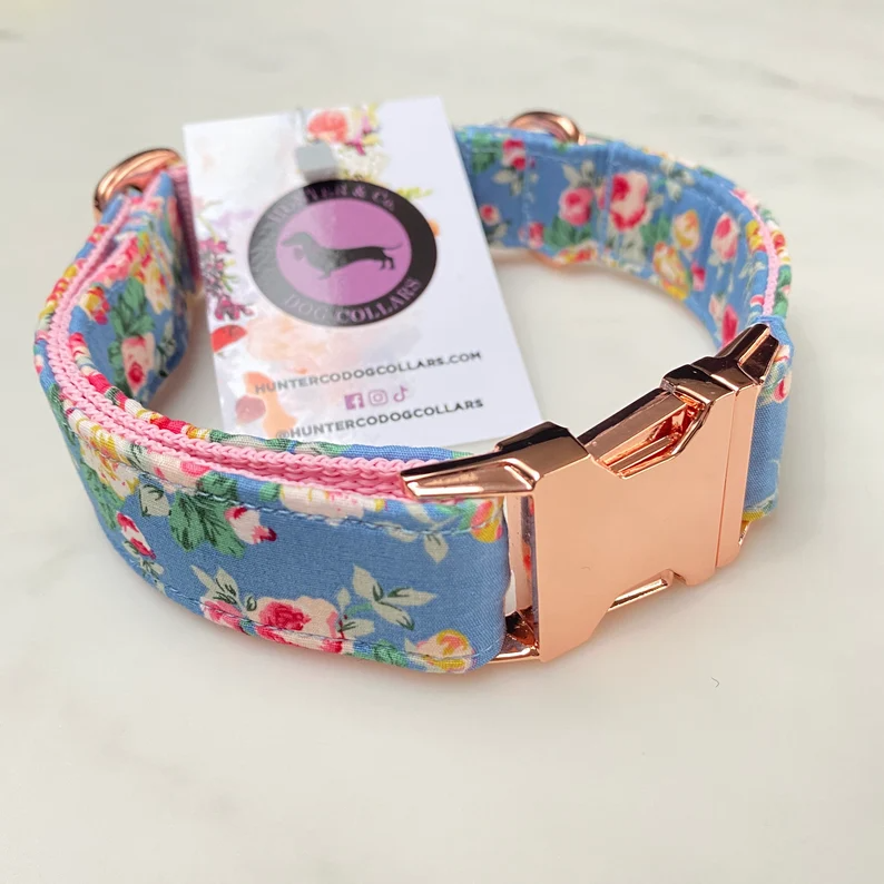 Blue Pink Ditsy flower Floral Dog Collar, Bow & Lead Set Hunter & Co.