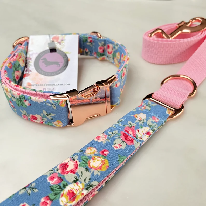 Blue Pink Ditsy flower Floral Dog Collar, Bow & Lead Set Hunter & Co.
