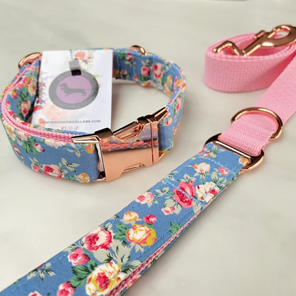 Blue Pink Ditsy flower Floral Dog Collar, Bow & Lead Set Hunter & Co.