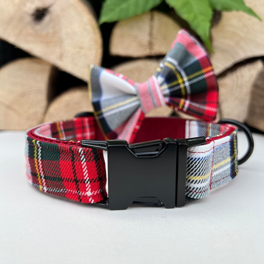 Red White Tartan Dog Collar, Bow & Lead Set Dash Of Hounds