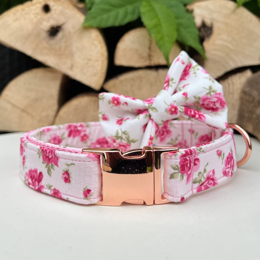 White Pink Ditsy Floral Dog Collar, Bow & Lead Set Hunter & Co.