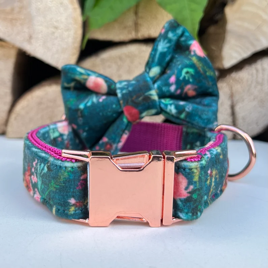 Teal Green Floral Velvet Dog Collar, Bow & Lead Set Hunter & Co.