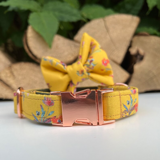 Mustard Yellow Ditsy Floral Dog Collar, Bow & Lead Set Hunter & Co.