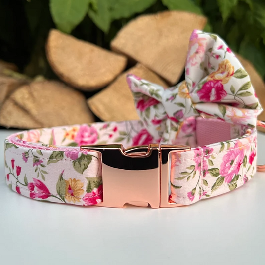 Ivory Pink Ditsy Floral Dog Collar, Bow & Lead Set Hunter & Co.