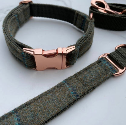 Green Blue Pink Tweed Dog Collar Bow & Lead Set Hunter & Co.