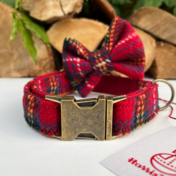 Harris Tweed® Red Tartan Check Tweed Dog Collar Bow & Lead Set Hunter & Co.