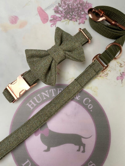 Green Tweed Dog Collar Bow & Lead Set Hunter & Co.