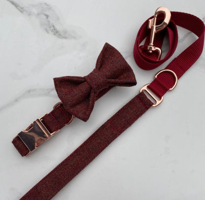 Dark Red Tweed Dog Collar Bow & Lead Set Hunter & Co.