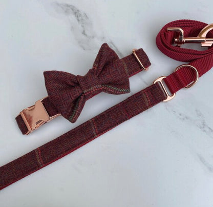 Dark Red Overcheck Tweed Dog Collar Bow & Lead Set Hunter & Co.