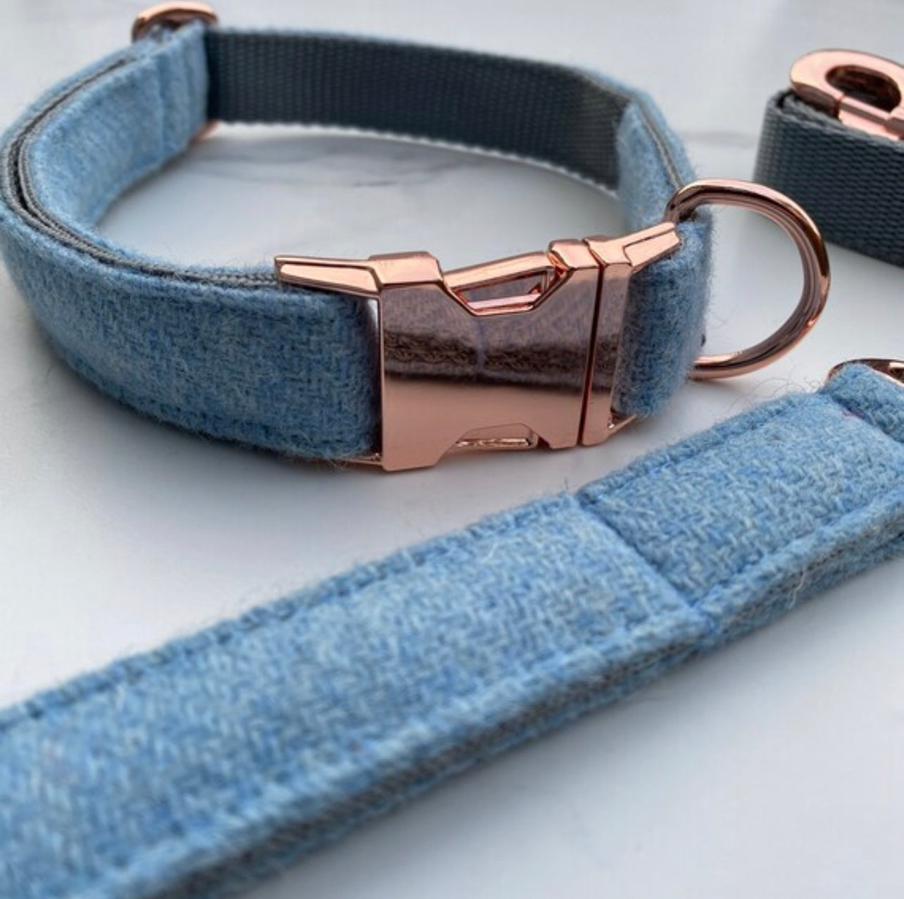 Harris Tweed® Baby Blue Tweed Dog Collar Bow & Lead Set Hunter & Co.