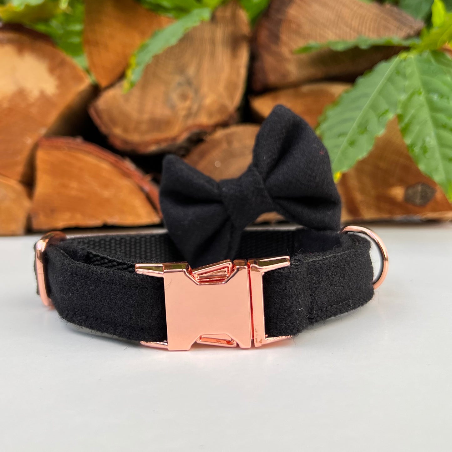 Black Herringbone Tweed Dog Collar Bow & Lead Set Hunter & Co.