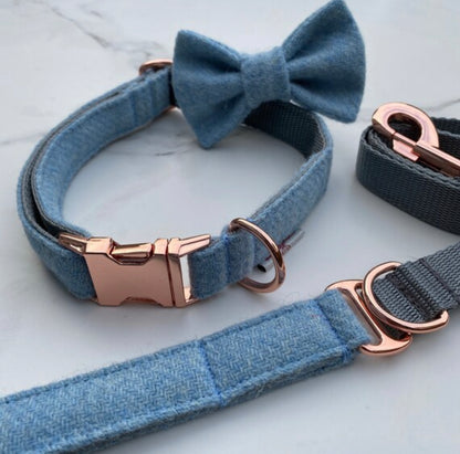 Harris Tweed® Baby Blue Tweed Dog Collar Bow & Lead Set Hunter & Co.