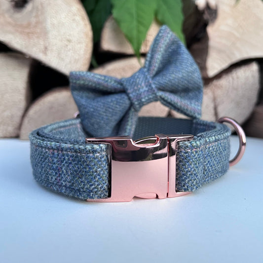 Soft Heathery Blue Tweed Dog Collar Bow & Lead Set Hunter & Co.