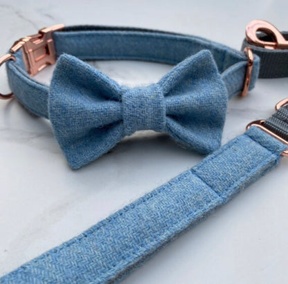 Harris Tweed® Baby Blue Tweed Dog Collar Bow & Lead Set Hunter & Co.