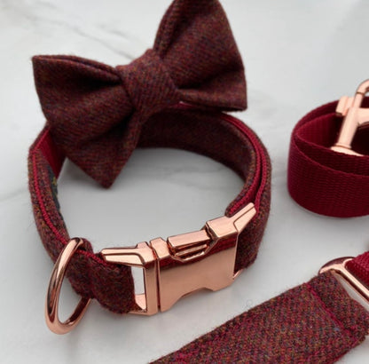 Dark Red Tweed Dog Collar Bow & Lead Set Hunter & Co.