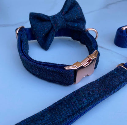 Cosmic Navy Blue Tweed Dog Collar Bow & Lead Set Hunter & Co.