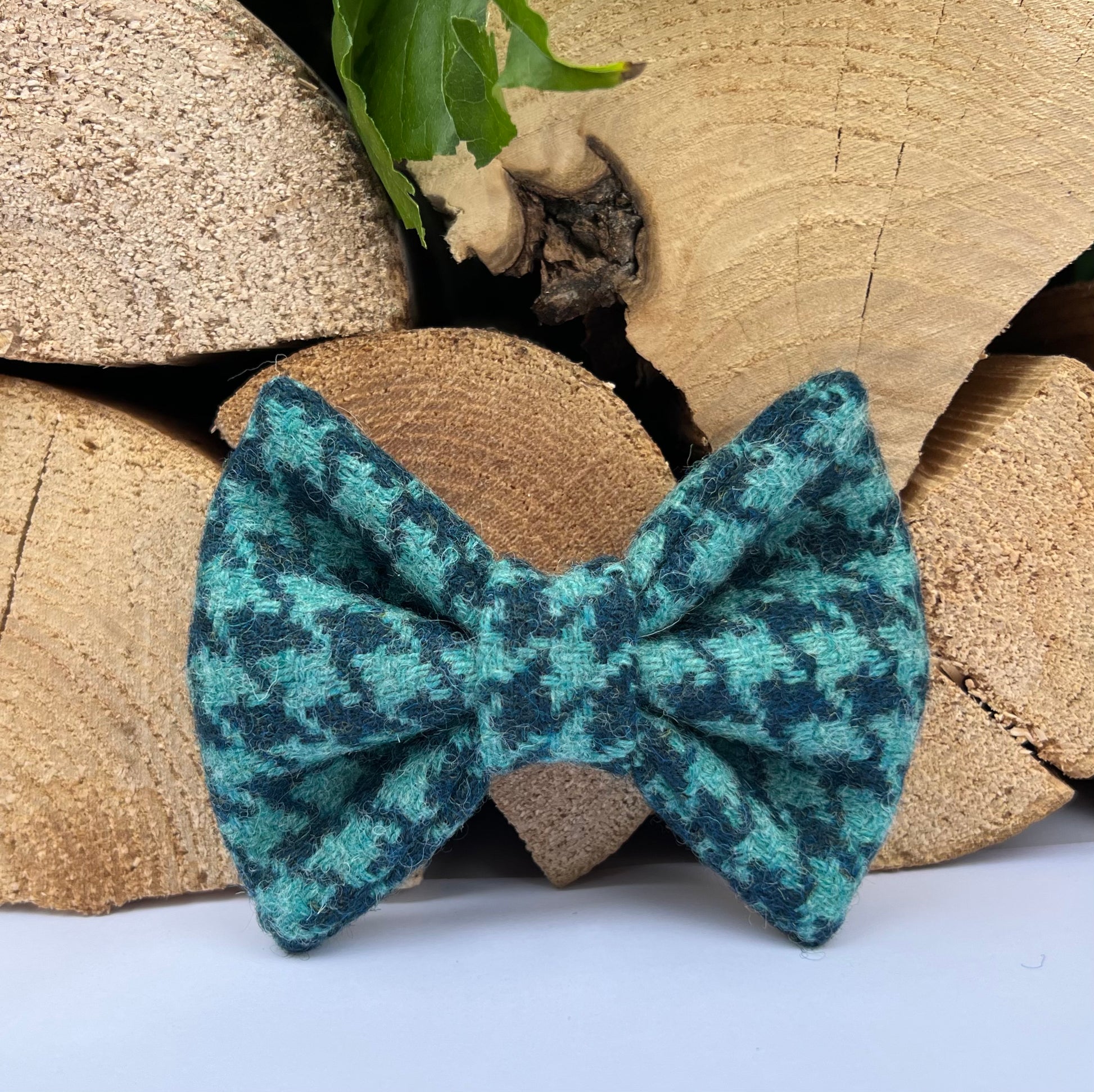 Turquoise Blue Dogtooth Tweed Dog Collar Bow & Lead Set Hunter & Co.