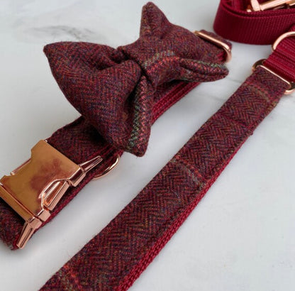 Dark Red Overcheck Tweed Dog Collar Bow & Lead Set Hunter & Co.