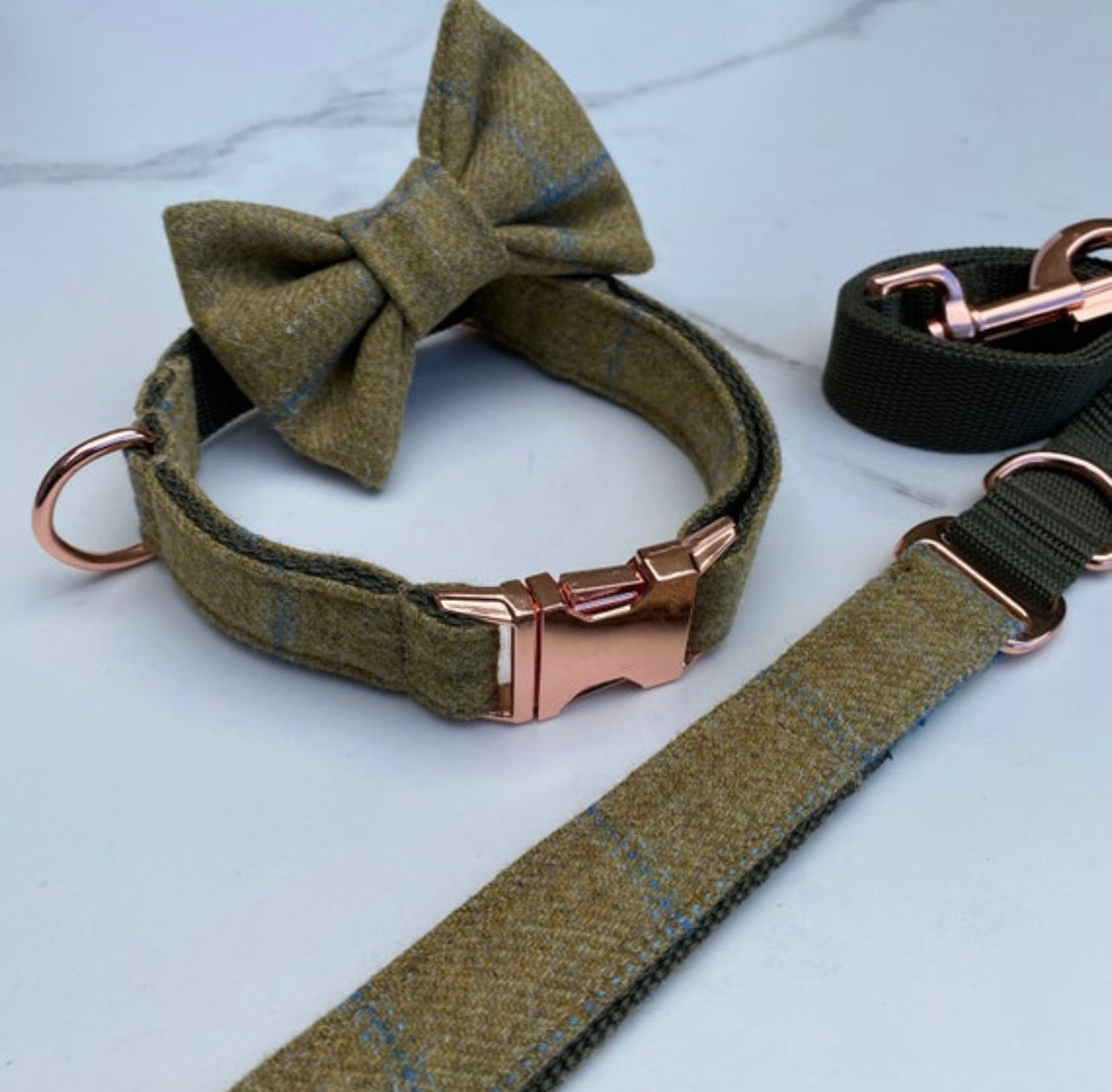 Mustard Tweed Dog Collar Bow & Lead Set Hunter & Co.