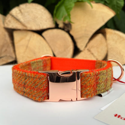 Harris Tweed® Orange Khaki Tweed Dog Collar Bow & Lead Set Hunter & Co.