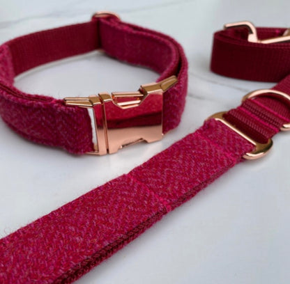 Candy Pink Red Tweed Dog Collar Bow & Lead Set Hunter & Co.