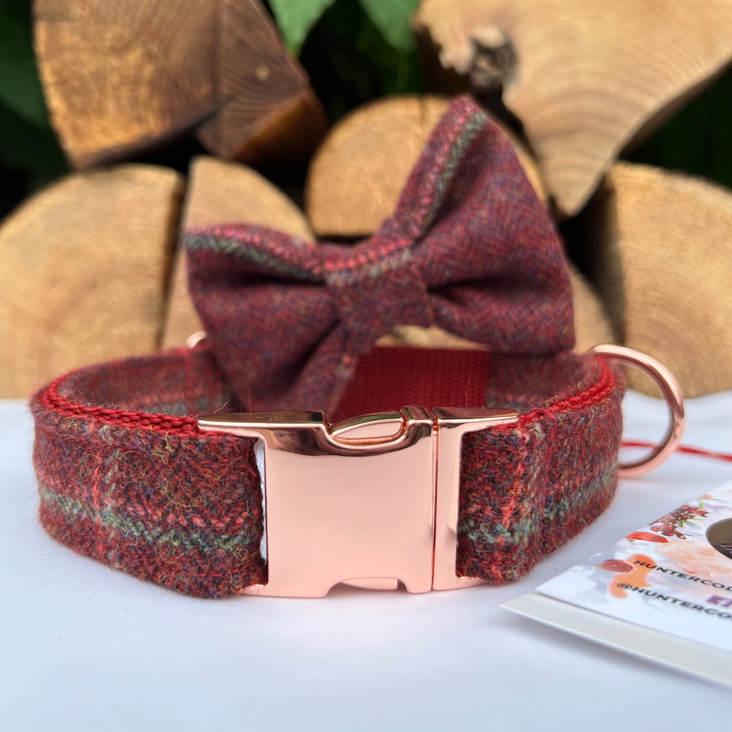 Dark Red Overcheck Tweed Dog Collar Bow & Lead Set Hunter & Co.