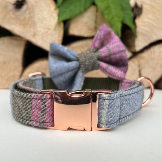 Khaki Rose Pink Tweed Dog Collar Bow & Lead Set Hunter & Co.