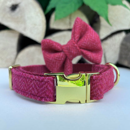 Candy Pink Red Tweed Dog Collar Bow & Lead Set Hunter & Co.