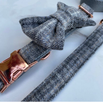 Grey Plaid Tweed Dog Collar Bow & Lead Set Hunter & Co.