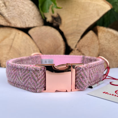 Harris Tweed® Heritage Pink Green Tweed Dog Collar Bow & Lead Set Dash Of Hounds