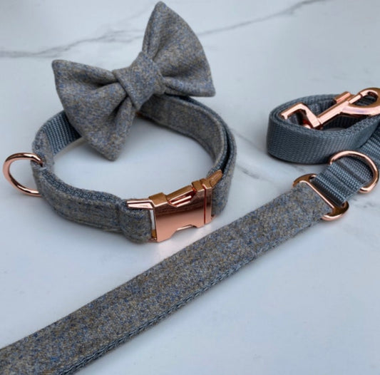 Oatmeal Grey Tweed Dog Collar Bow & Lead Set Hunter & Co.
