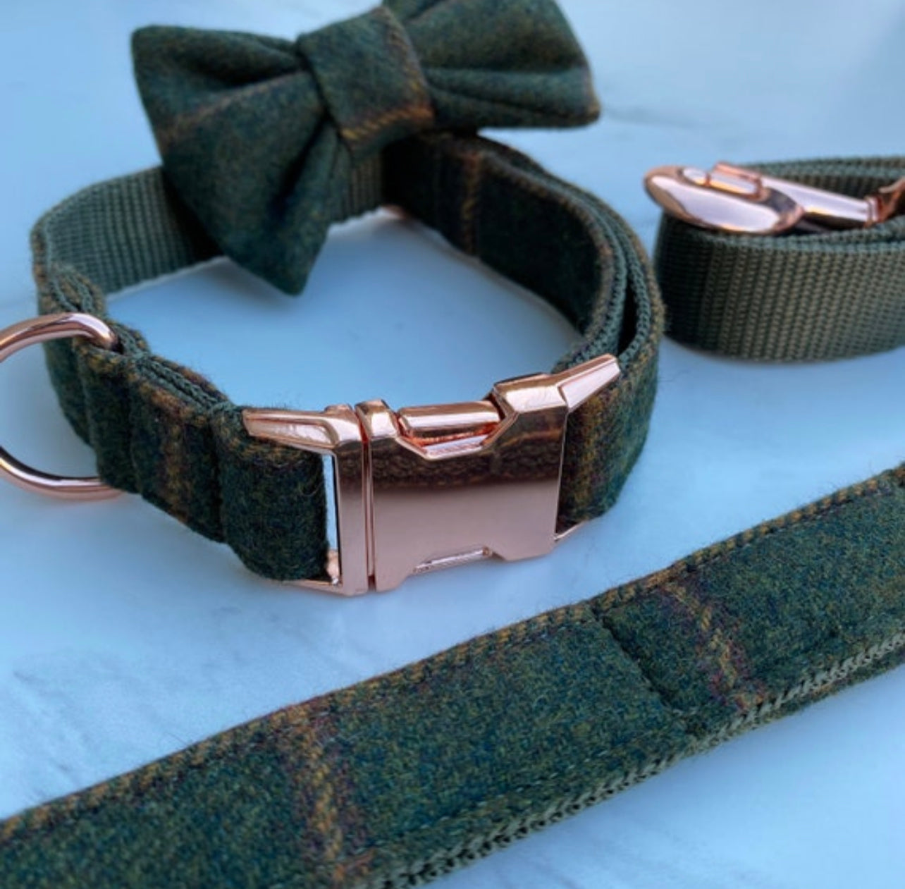 Green Tweed Dog Collar Bow & Lead Set Hunter & Co.