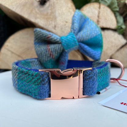 Harris Tweed® Cyan Blue Green Dog Collar Bow & Lead Set Hunter & Co.