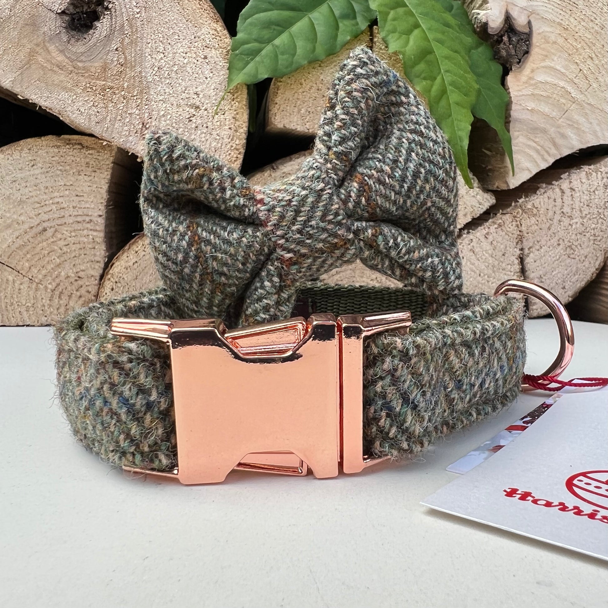 Harris Tweed® Heritage Khaki Green Herringbone Dog Collar Bow & Lead Set Hunter & Co.