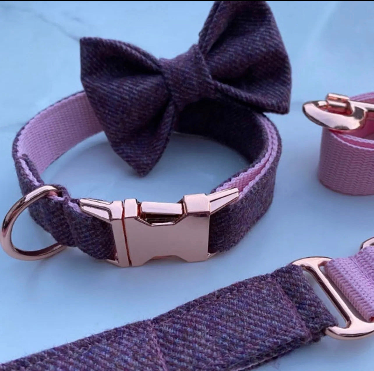 Amethyst Pink Tweed Dog Collar Bow & Lead Set Hunter & Co.