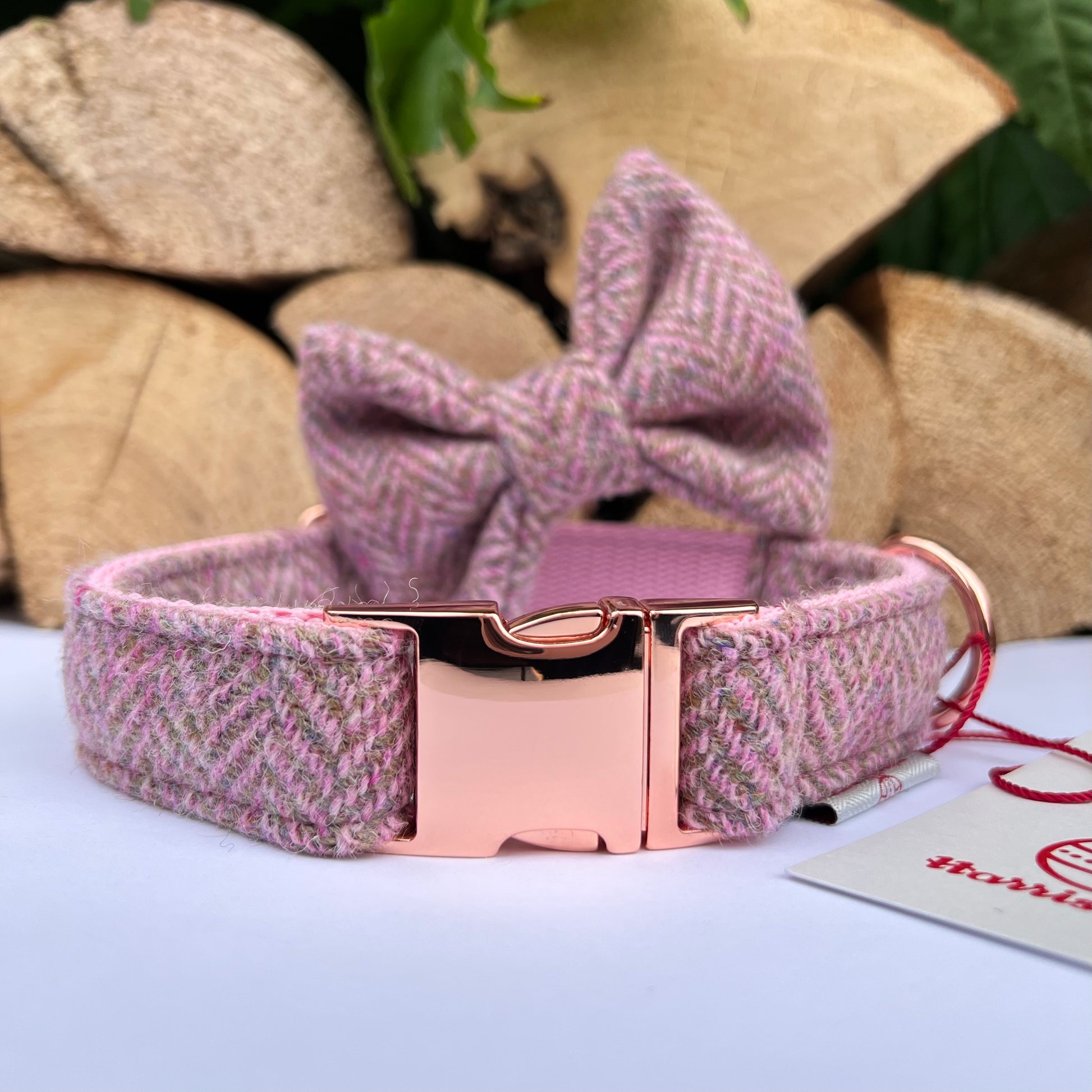 Harris Tweed Heritage Pink Green Tweed Dog Collar Bow Lead Set
