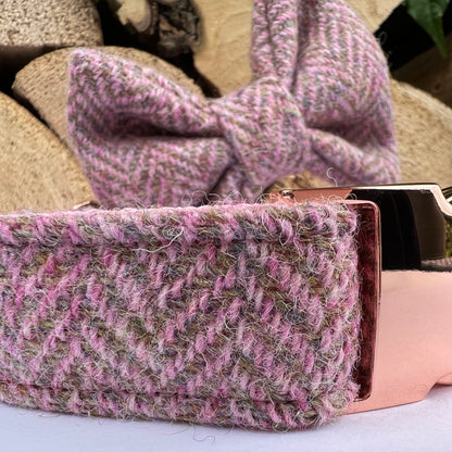 Harris Tweed® Heritage Pink Green Tweed Dog Collar Bow & Lead Set Dash Of Hounds