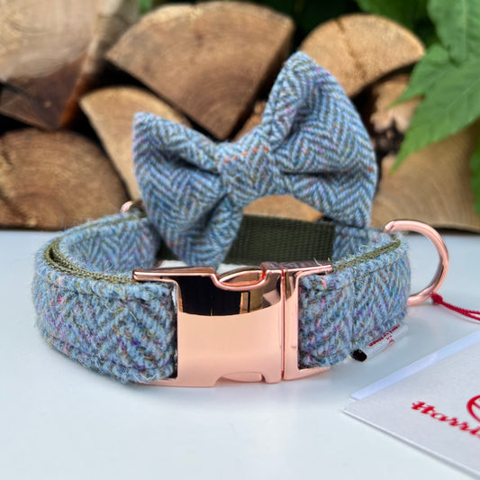 Harris Tweed® Heritage Blue Green Tweed Dog Collar Bow & Lead Set Hunter & Co.