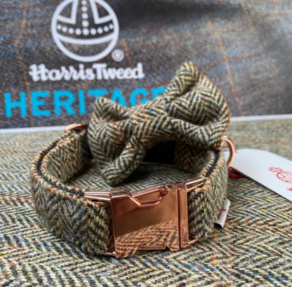 Harris Tweed® Heritage Brown Herringbone Dog Collar Bow & Lead Set Hunter & Co.