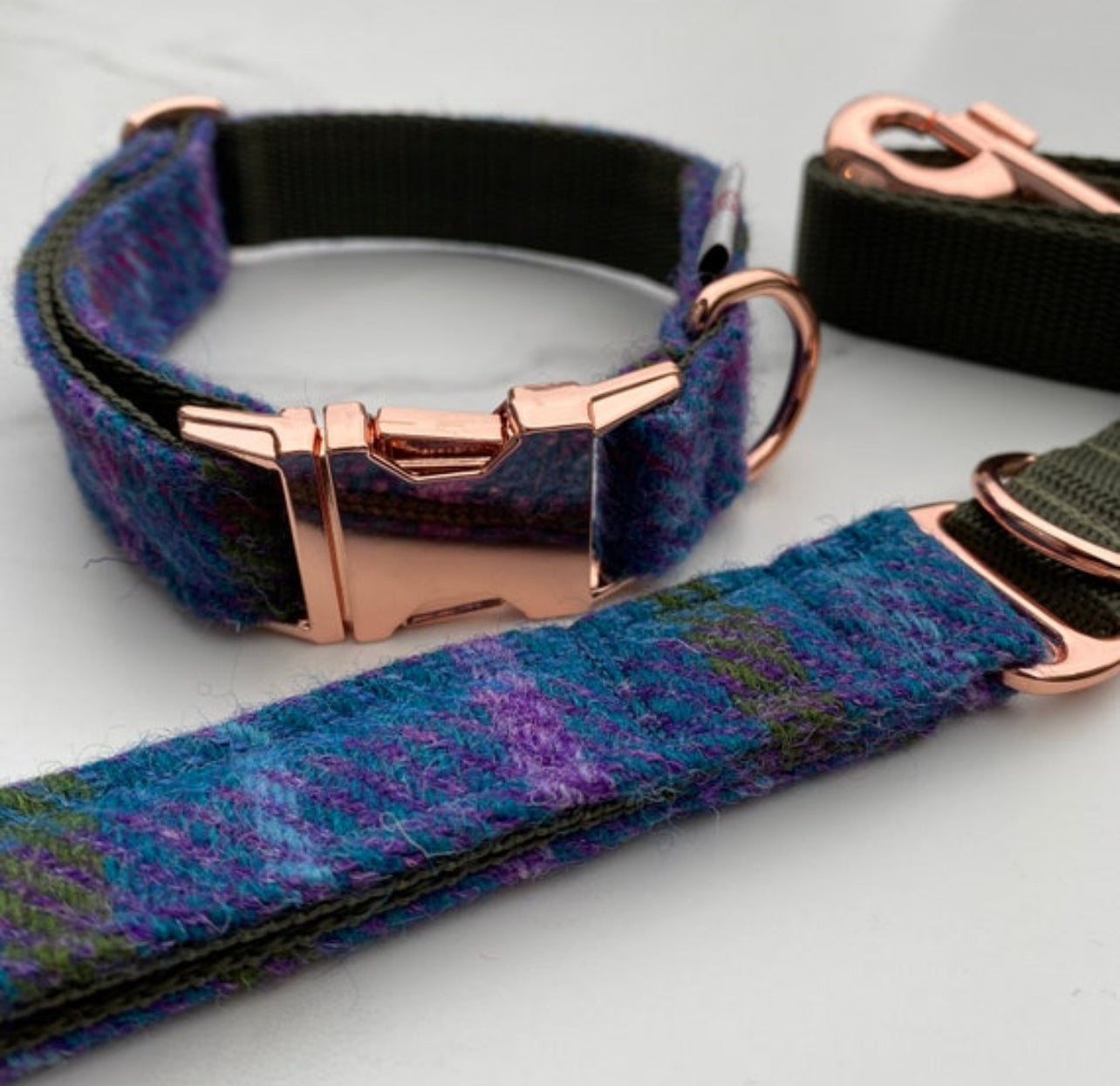 Harris Tweed® Blue Khaki Purple Dog Collar Bow & Lead Set Hunter & Co.