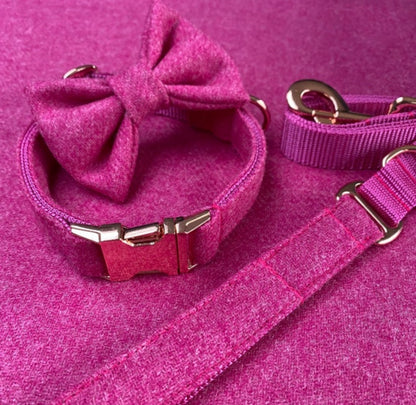 Bubblegum Pink Tweed Dog Collar Bow & Lead Set Hunter & Co.