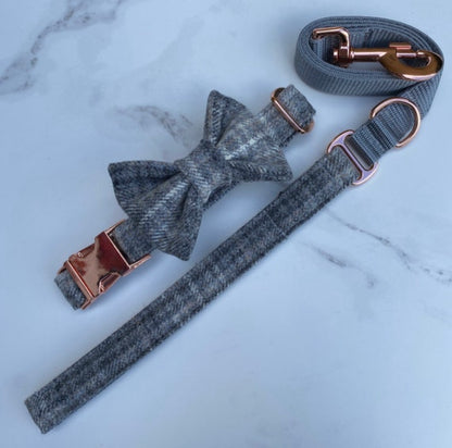 Grey Plaid Tweed Dog Collar Bow & Lead Set Hunter & Co.