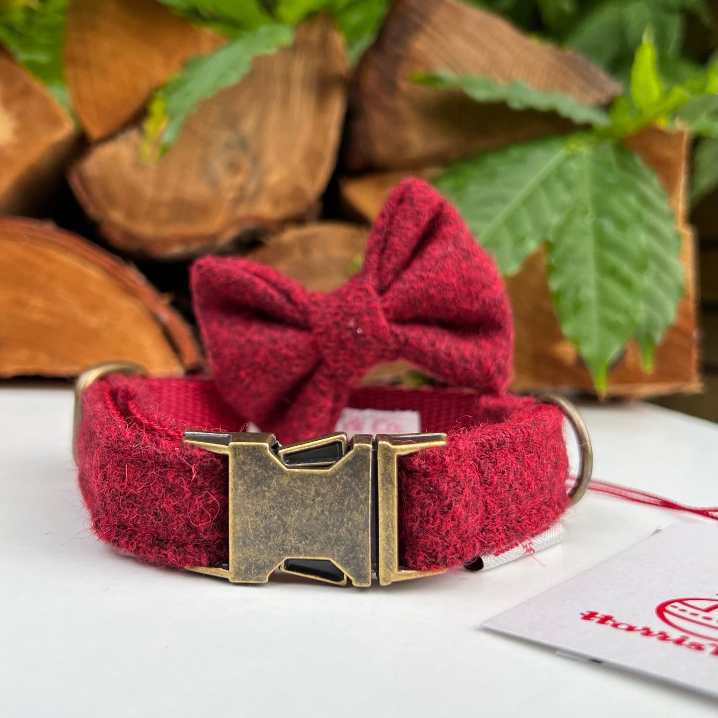 Harris Tweed® Dark Red Tweed Dog Collar Bow & Lead Set Hunter & Co.